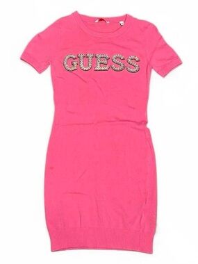 Y2K Guess Pink Rhinestone Bedazzled Logo Ribbed Knit Mini Dress